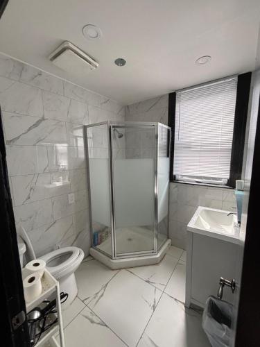 a bathroom with a shower and a toilet and a sink at Blue House in Halifax