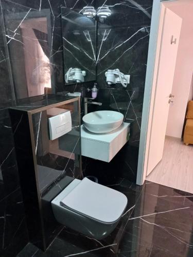 a bathroom with a toilet and a sink at Къща Елена in Yagoda