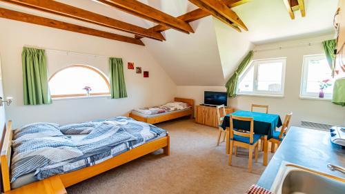 a bedroom with a bed and a sink at Penzion Adria III in Dobrohoř