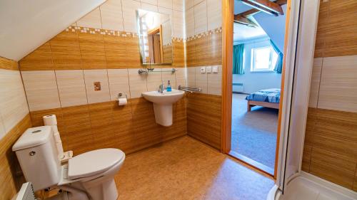 a bathroom with a toilet and a sink at Penzion Adria III in Dobrohoř