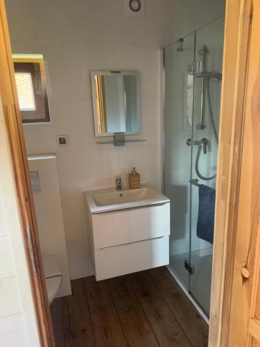 a bathroom with a sink and a shower at Domki Letniczówka Kołobrzeg nad morzem in Grzybowo