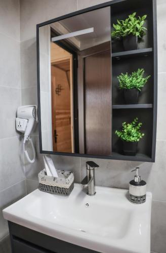 a bathroom with a sink and a mirror at Gemini Cottage in Dusheti in Dushetʼi