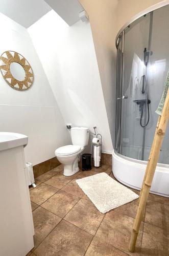 a bathroom with a shower and a toilet at DOM LAS - natura, relaks, jacuzzi. in Mianów