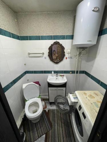 a small bathroom with a toilet and a sink at Домики ШАХ in Borovoye