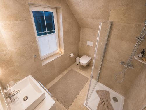 a bathroom with a shower and a sink and a toilet at Ferienhaus Am Achterwasser in Ueckeritz