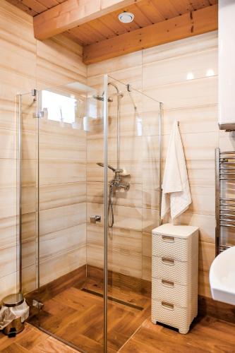 a bathroom with a glass shower and a sink at Domki u danusi in Stężyca