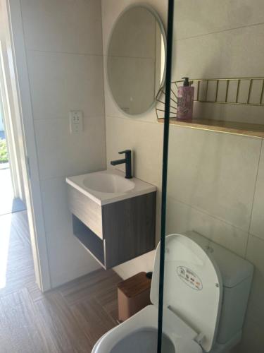 a bathroom with a toilet and a sink and a mirror at The Cottage in Saint Georgeʼs