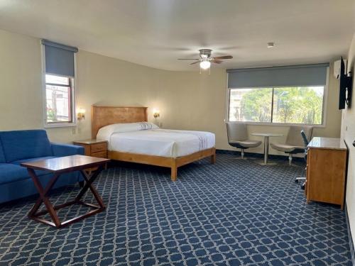 a bedroom with a bed and a blue couch at Hotel León in Tijuana
