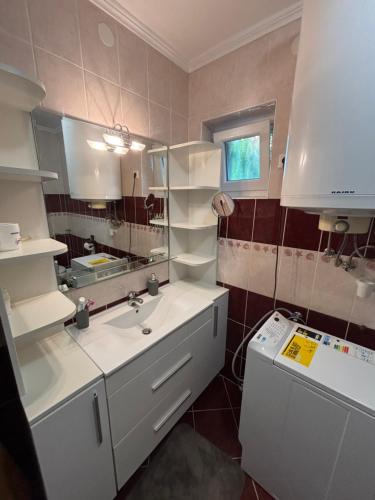 a bathroom with a sink and a mirror and a washing machine at Bozóki Apartman in Kiskunmajsa