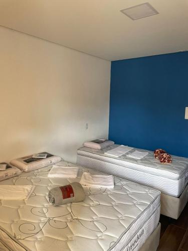 two beds in a room with blue walls at Pousada Solar Central in Prados