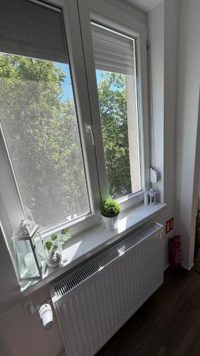 a window with two plants on a radiator in a room at Casa Capri Győr in Győr