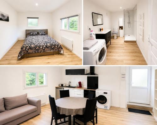 a bedroom and a living room with a bed and a table at Chez Julia in Brech