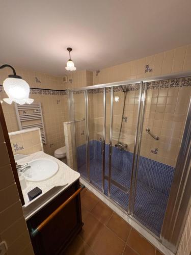a bathroom with a shower and a sink at Cal Nicet in Perafita