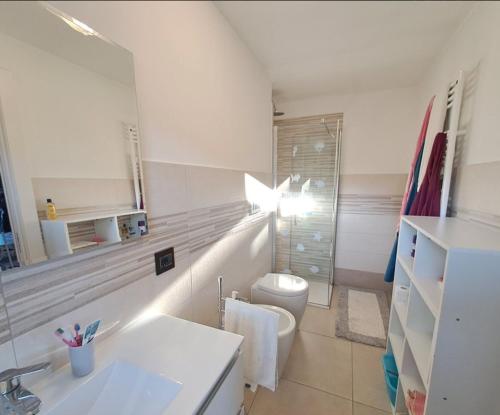 a white bathroom with a toilet and a sink at Villetta Col Ranzola in Brusson