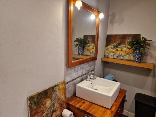 a bathroom with a sink and a mirror at Gites Armorique in Plésidy