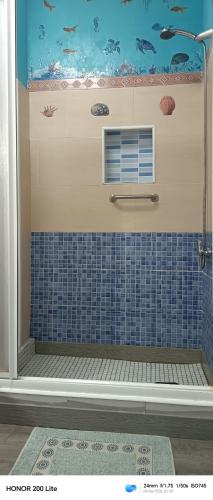 a bathroom with a shower with blue tiles and a window at Rincón Mirador Risco Verde in Arinaga