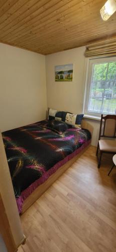 a large bed in a room with a window at Sodyba pas Babą - namas KLASIKA in Palanga