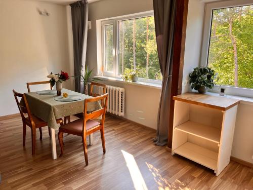 a dining room with a table and chairs and two windows at Leisi Forest View Apartment in Leisi