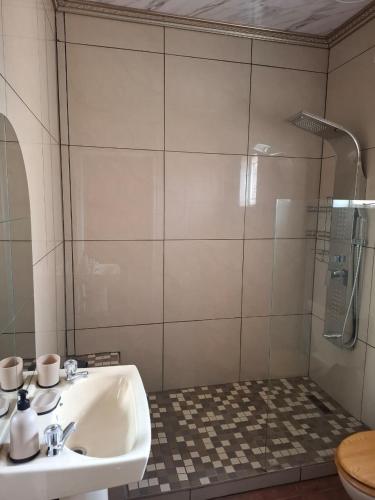 a bathroom with a sink and a shower at MERK Guest House in Piet Retief