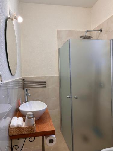 a bathroom with a sink and a shower at פינה בשדה in Sede Naẖum