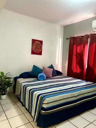 a bedroom with a bed with a striped blanket at Estudio #3 a 10 min del malecon in La Paz