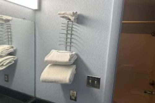 a bathroom with a towel rack and a mirror at Relax Inn Hotel in Birmingham