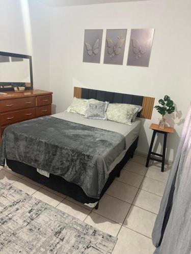 a bedroom with a bed and a dresser and a mirror at Casa do Bosque in Sao Jose do Rio Preto
