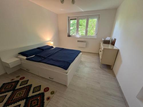 a bedroom with a bed with blue sheets and a window at Apartman Milica in Vršac