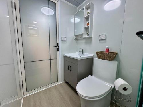 a bathroom with a toilet and a sink and a shower at Babus Villas del Sol in El Combate