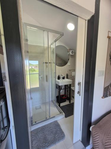 a glass shower in a bathroom with a sink at Apartman IN in Bihać