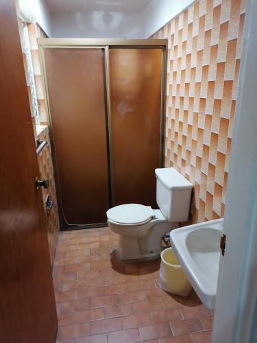 a bathroom with a toilet and a shower and a sink at Hotel 7 Rooms in Guadalajara