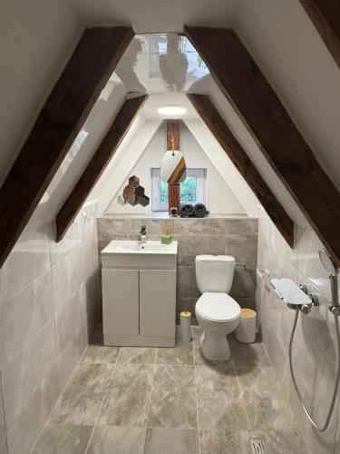 a attic bathroom with a toilet and a sink at Zimmer in Wattenbek in Wattenbek