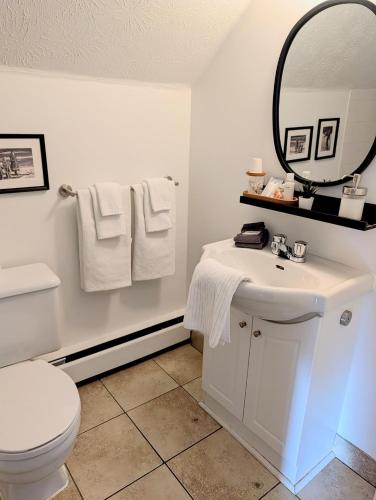 a bathroom with a toilet and a sink and a mirror at Auberge des Cantons in Magog-Orford