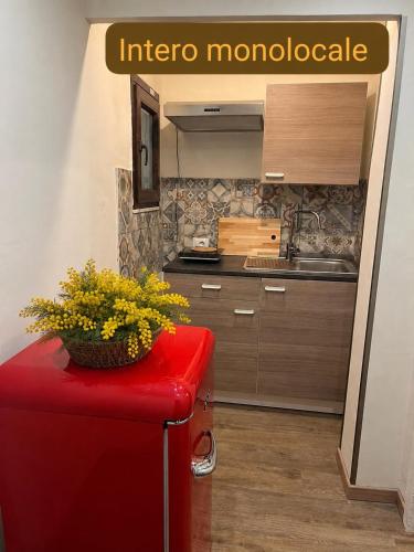 a kitchen with a red ottoman with a bowl of flowers at Chrilu house in Catania