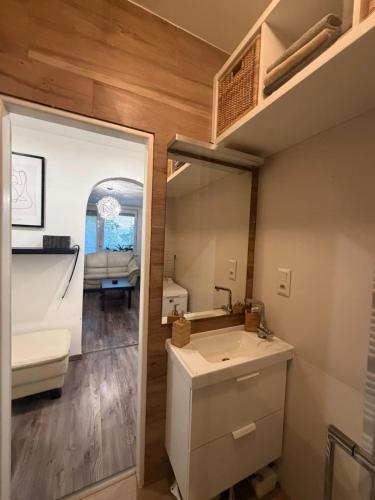 a bathroom with a sink and a mirror at Ubytovanie u Tomáša in Nesvady
