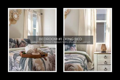 two pictures of a bedroom with a cat sitting on a bed at Spacious 5BR 45BA Home w Pool in Davenport