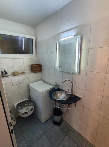 a small bathroom with a sink and a toilet at Zimmer oberhalb Kreuzlingen in Kreuzlingen