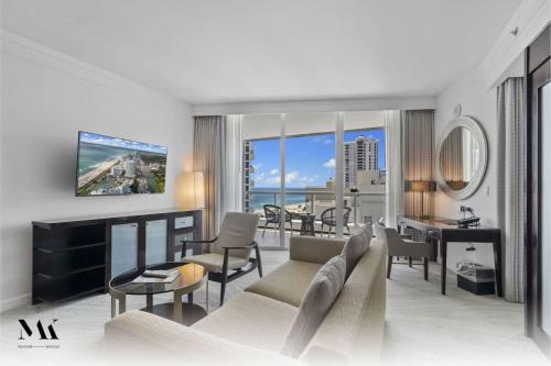 a rendering of a living room with a view of the ocean at Fontainebleau 2Dbl Queen Bed City plus Ocean View in Miami Beach