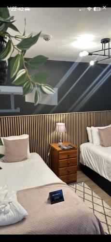 a bedroom with two beds and a wall with a painting at Malahide Guest Rooms in Malahide