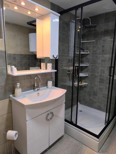 a bathroom with a sink and a shower at Holiday Home Norr in Bihać