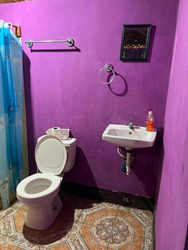 a purple bathroom with a toilet and a sink at Quinta Gualca in Condega