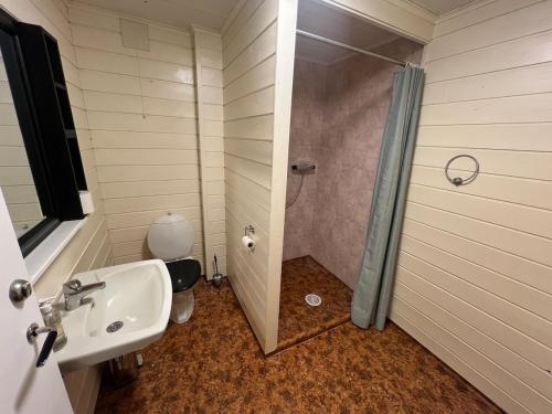 a bathroom with a sink and a toilet and a shower at Basement apartment on Ulstein in Ulstein