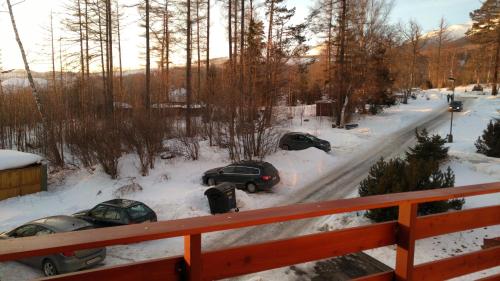 a group of cars parked in the snow at Apartmány Hágy L+L in Vysoké Tatry