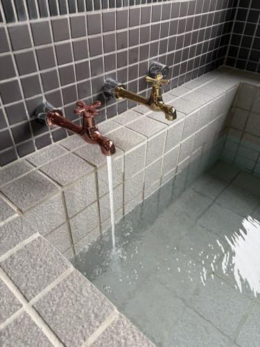 two faucets with water coming out of them in a bathroom at Lei Toya in Sobetsu
