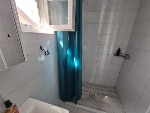 a bathroom with a shower with a blue shower curtain at Holiday Home Dalia with Private Pool in Blagaj