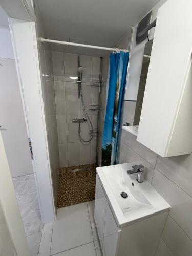 a white bathroom with a shower and a sink at Apartments Janko in Pakoštane