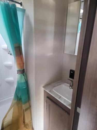 a bathroom with a sink and a shower curtain at Cozy Camper in Newfield