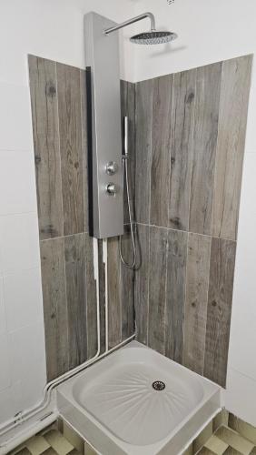 a shower in a bathroom with wooden walls at La casa de valras in Valras-Plage