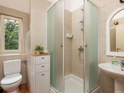 a bathroom with a toilet and a shower and a sink at Kuca za odmor Vila Agnes in Županje