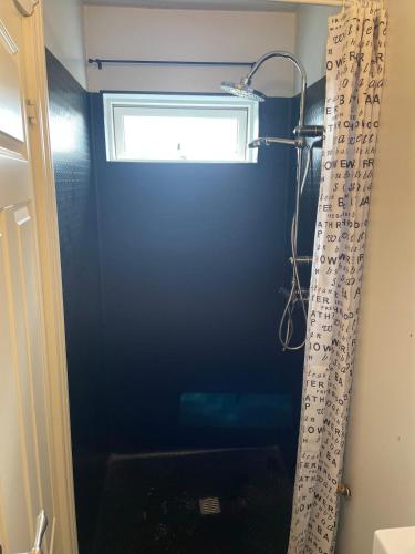 a shower in a bathroom with a blue wall at Cozy cottage with a view in Hella